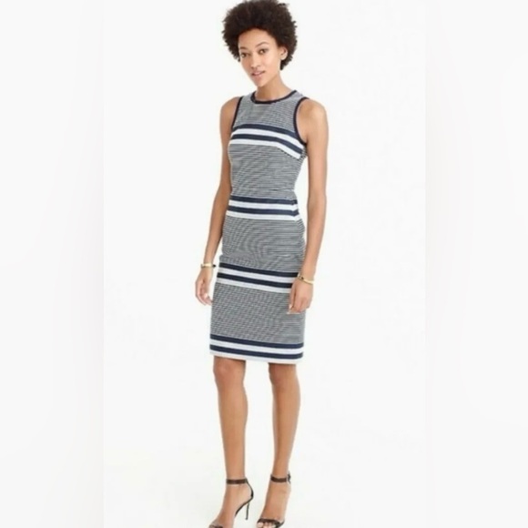 NWT J. CREW Navy & White Striped Tweed Sleeveless Sheath Dress Bow Detail Sz 8 - Picture 1 of 16
